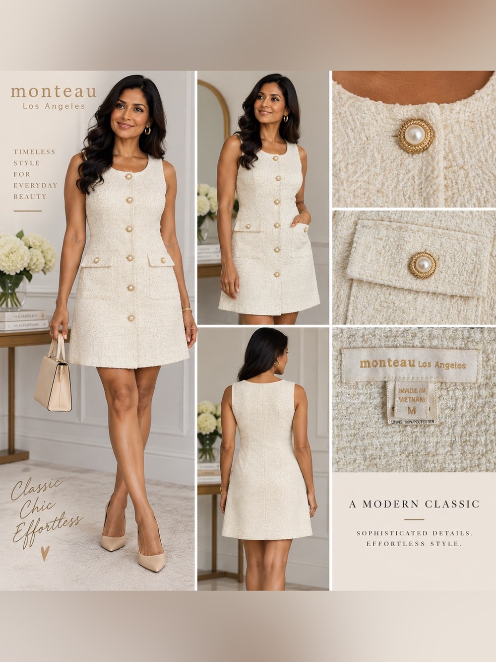 Monteau Cream Tweed Pearl-Button Sleeveless Shift Dress
